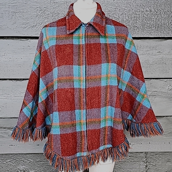 Vintage 60s 70s Plaid Poncho Cape sz M Women's - Picture 4 of 5
